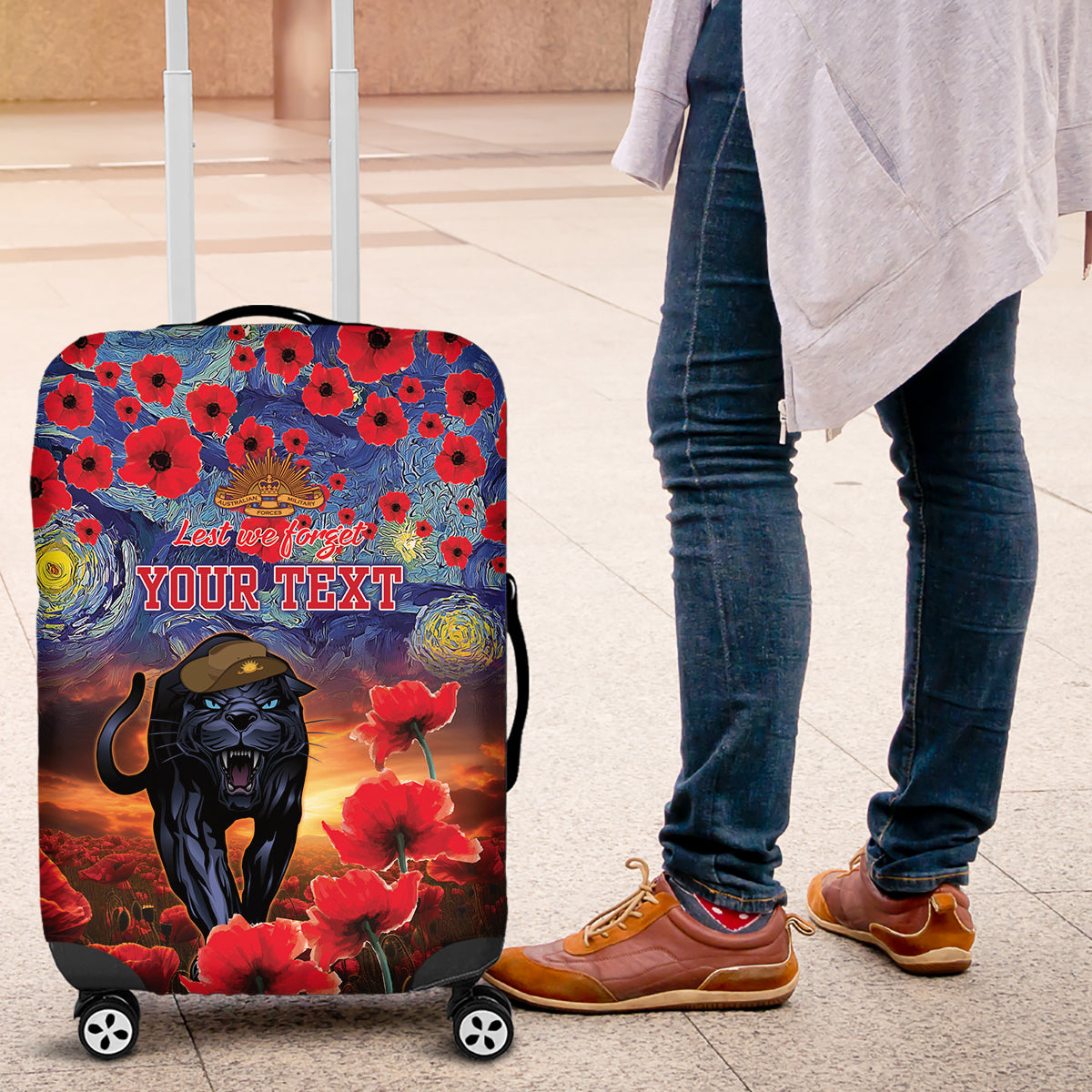 Personalised Panthers Rugby ANZAC Luggage Cover Starry Night and Field of Poppies