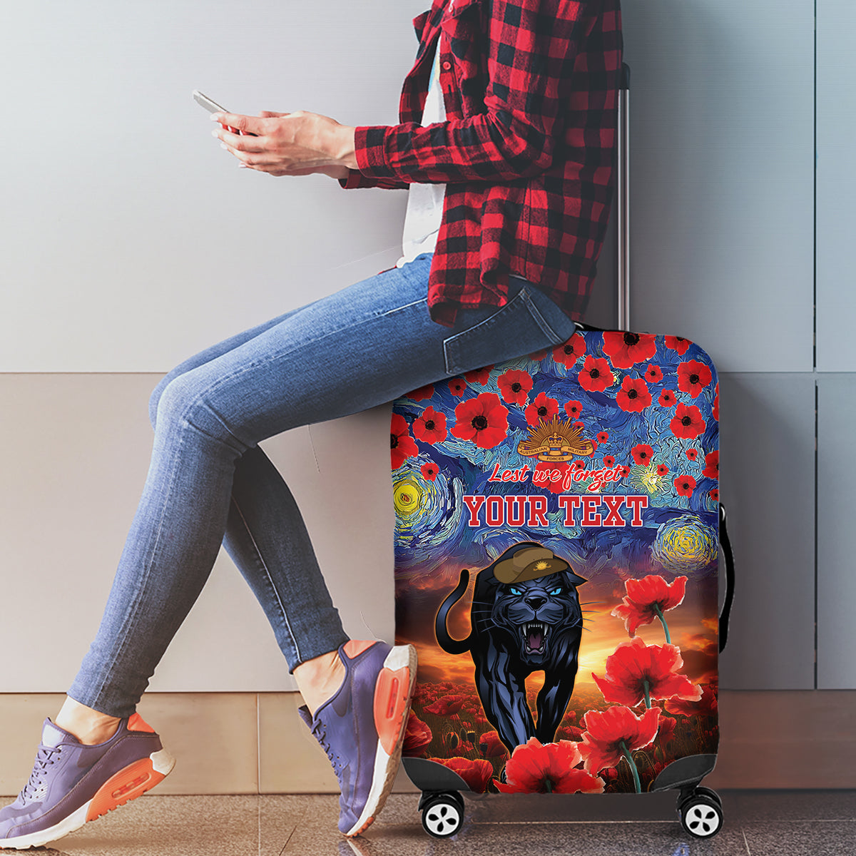 Personalised Panthers Rugby ANZAC Luggage Cover Starry Night and Field of Poppies