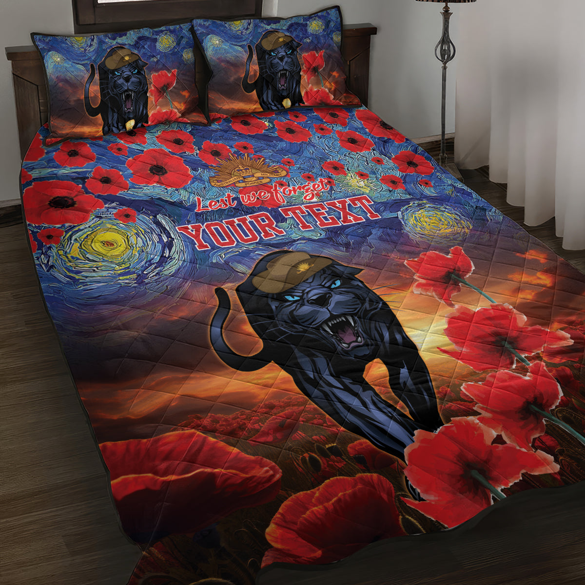 Personalised Panthers Rugby ANZAC Quilt Bed Set Starry Night and Field of Poppies