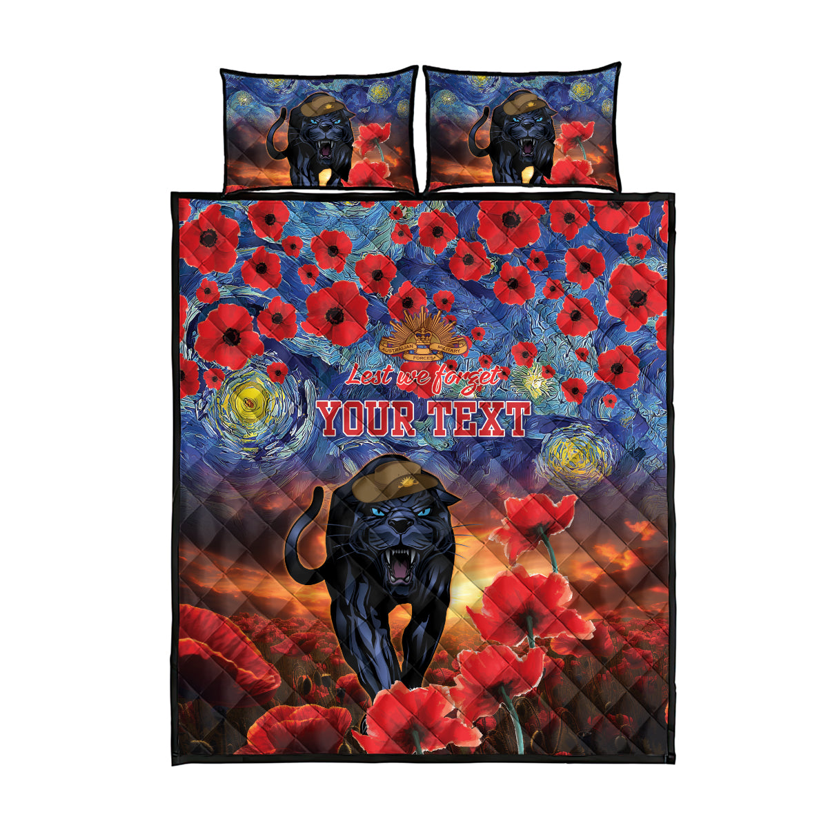 Personalised Panthers Rugby ANZAC Quilt Bed Set Starry Night and Field of Poppies