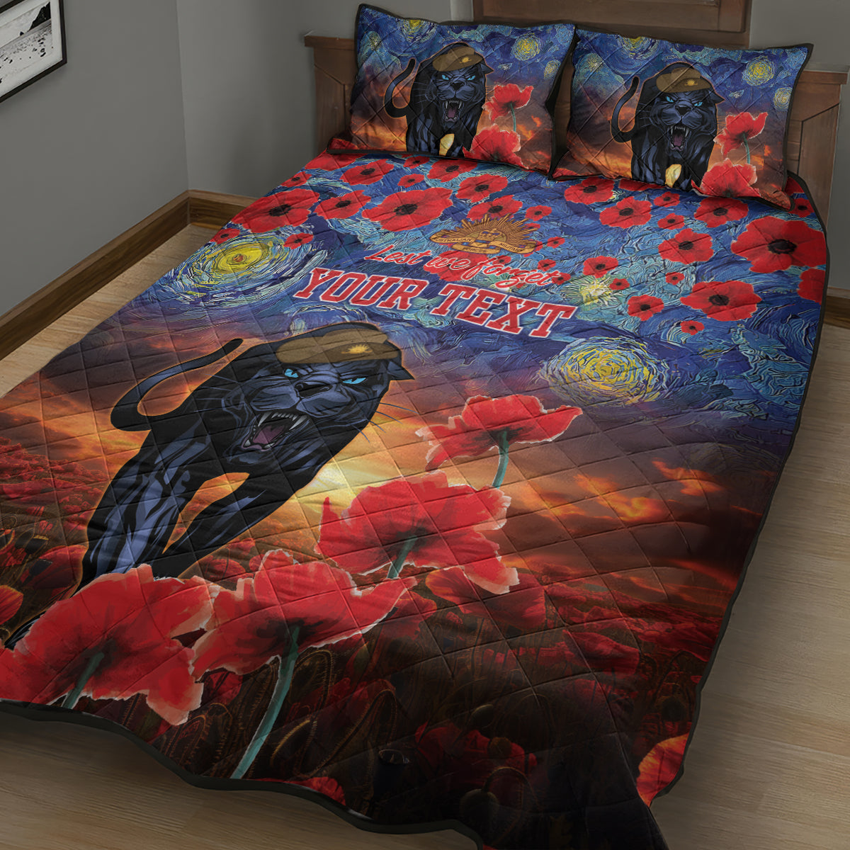 Personalised Panthers Rugby ANZAC Quilt Bed Set Starry Night and Field of Poppies