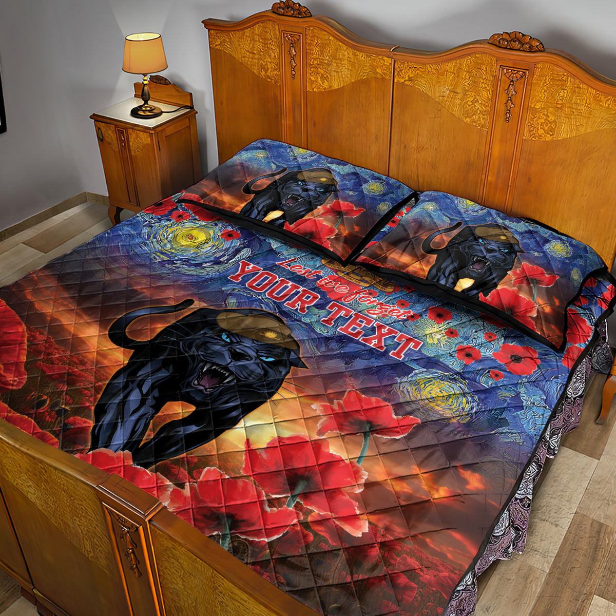 Personalised Panthers Rugby ANZAC Quilt Bed Set Starry Night and Field of Poppies