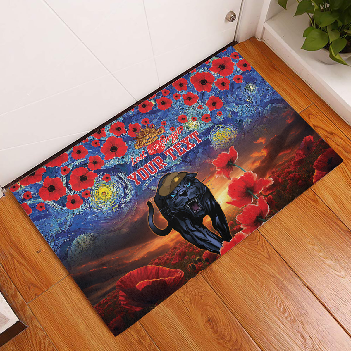 Personalised Panthers Rugby ANZAC Rubber Doormat Starry Night and Field of Poppies