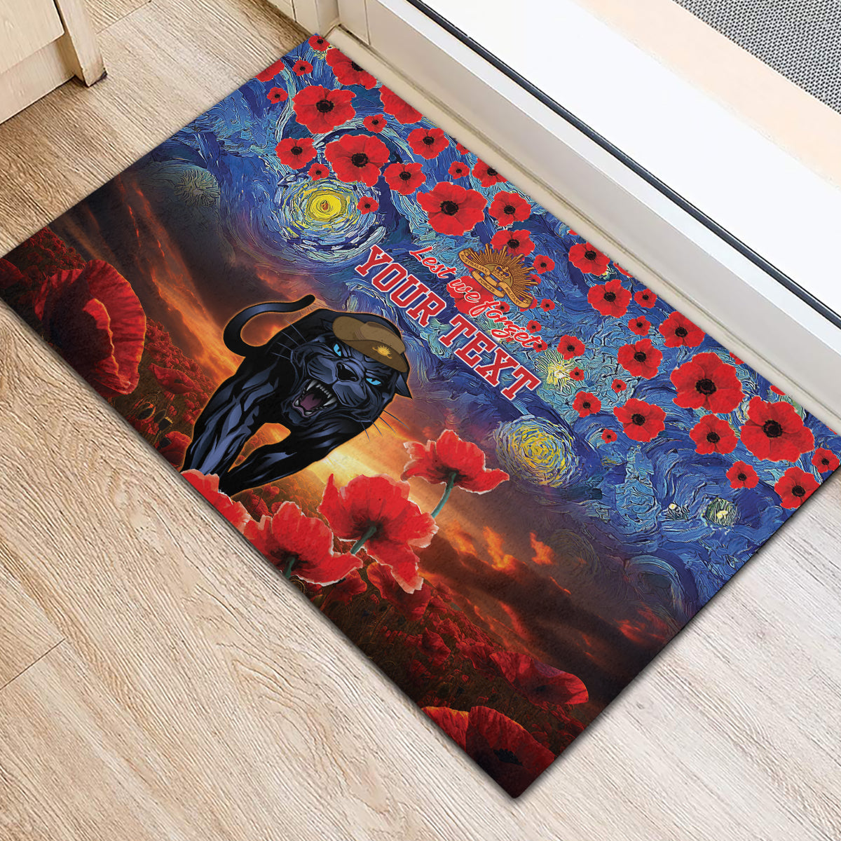 Personalised Panthers Rugby ANZAC Rubber Doormat Starry Night and Field of Poppies