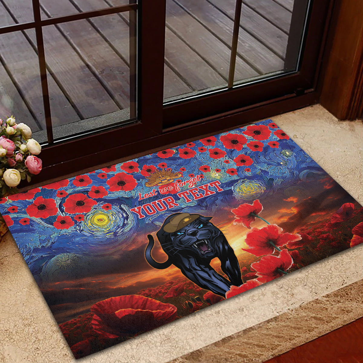 Personalised Panthers Rugby ANZAC Rubber Doormat Starry Night and Field of Poppies