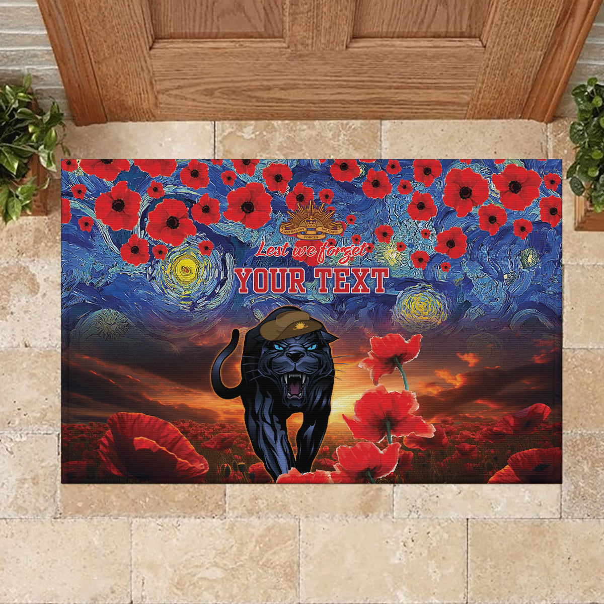 Personalised Panthers Rugby ANZAC Rubber Doormat Starry Night and Field of Poppies