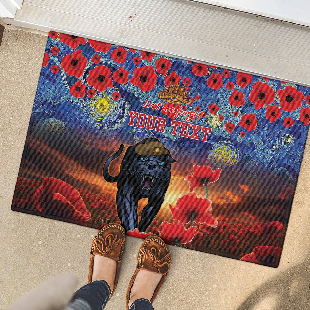 Personalised Panthers Rugby ANZAC Rubber Doormat Starry Night and Field of Poppies