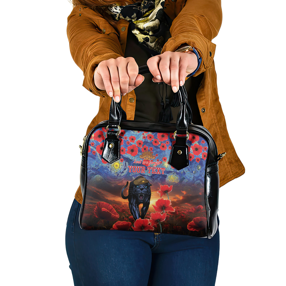 Personalised Panthers Rugby ANZAC Shoulder Handbag Starry Night and Field of Poppies