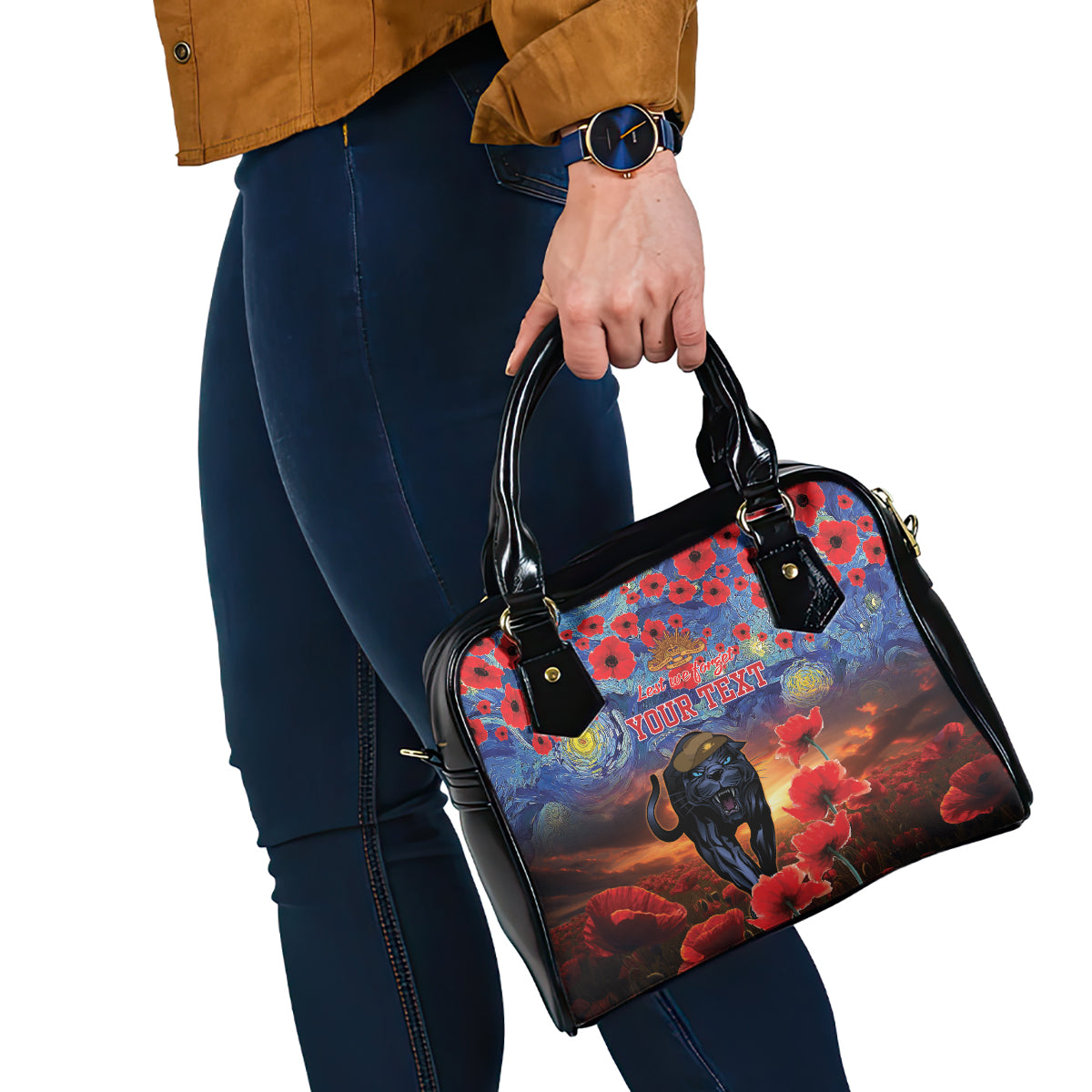 Personalised Panthers Rugby ANZAC Shoulder Handbag Starry Night and Field of Poppies