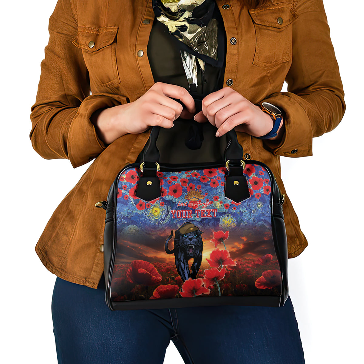 Personalised Panthers Rugby ANZAC Shoulder Handbag Starry Night and Field of Poppies