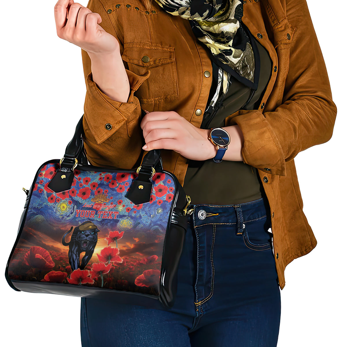 Personalised Panthers Rugby ANZAC Shoulder Handbag Starry Night and Field of Poppies