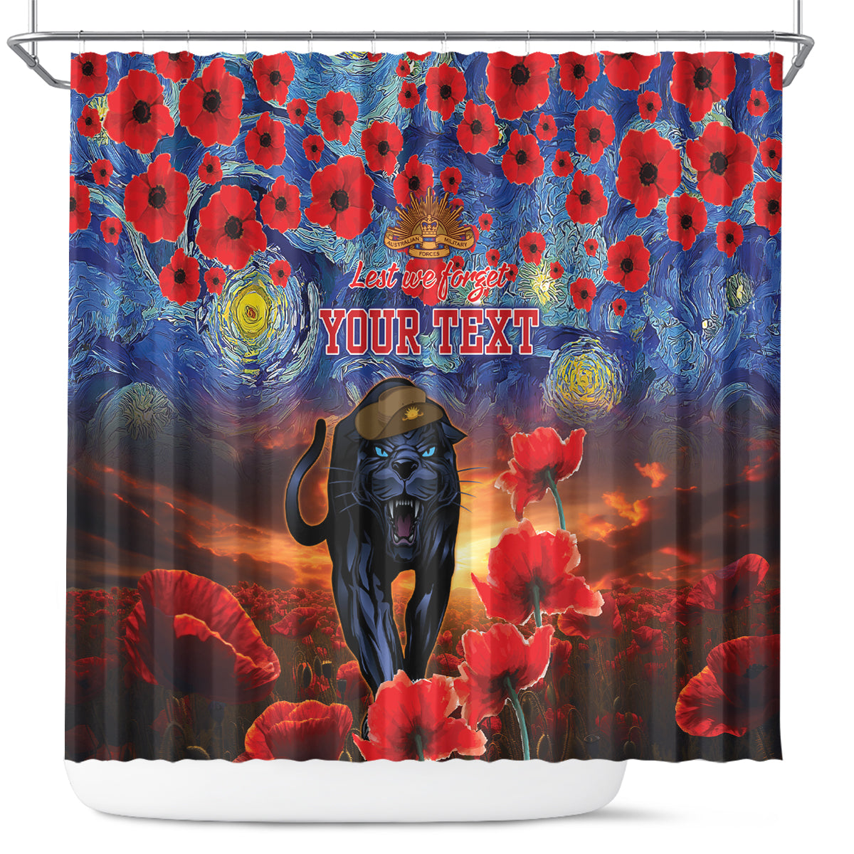 Personalised Panthers Rugby ANZAC Shower Curtain Starry Night and Field of Poppies