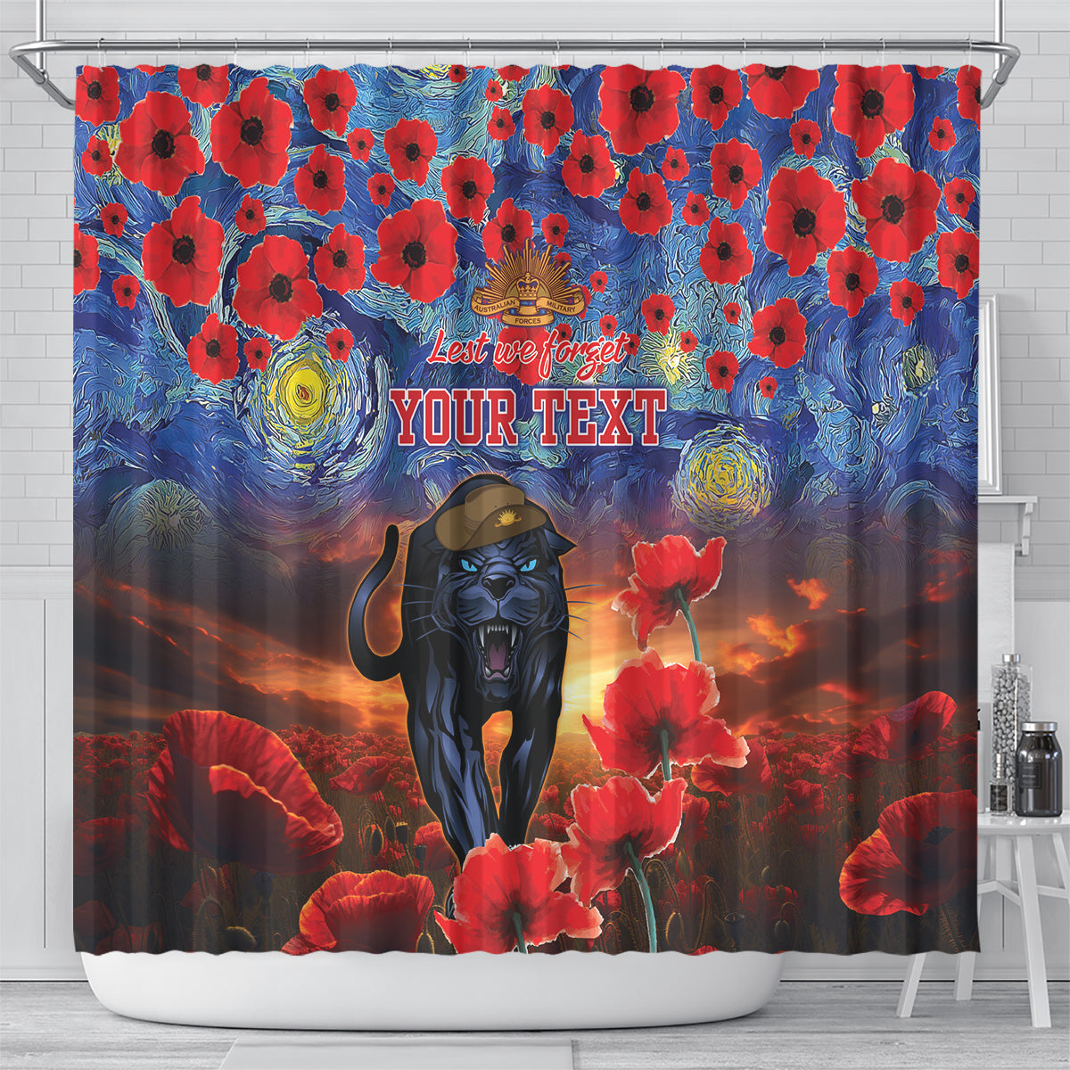 Personalised Panthers Rugby ANZAC Shower Curtain Starry Night and Field of Poppies