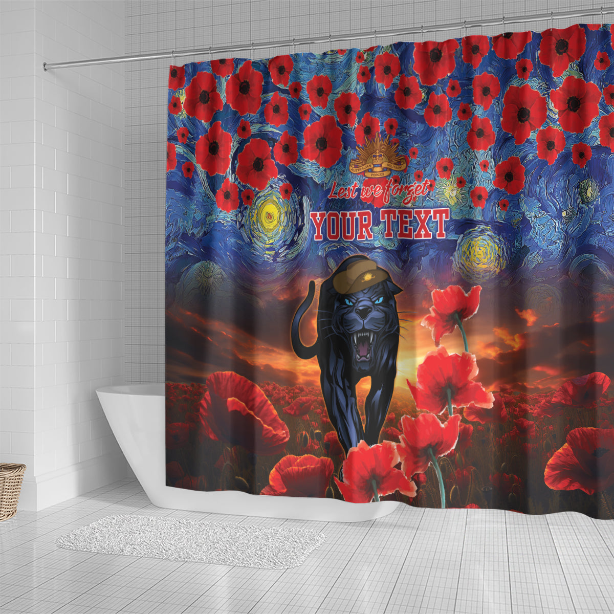 Personalised Panthers Rugby ANZAC Shower Curtain Starry Night and Field of Poppies