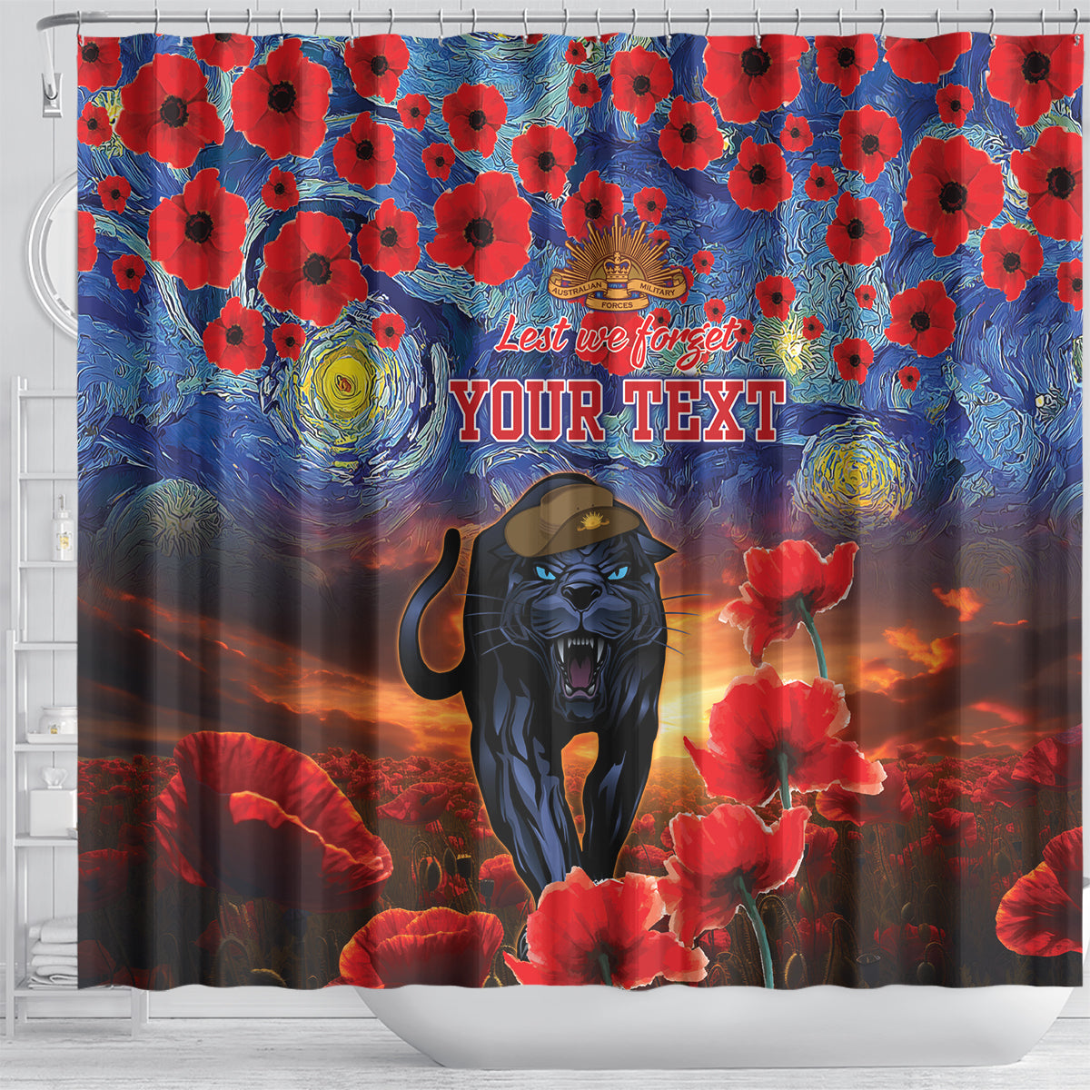 Personalised Panthers Rugby ANZAC Shower Curtain Starry Night and Field of Poppies