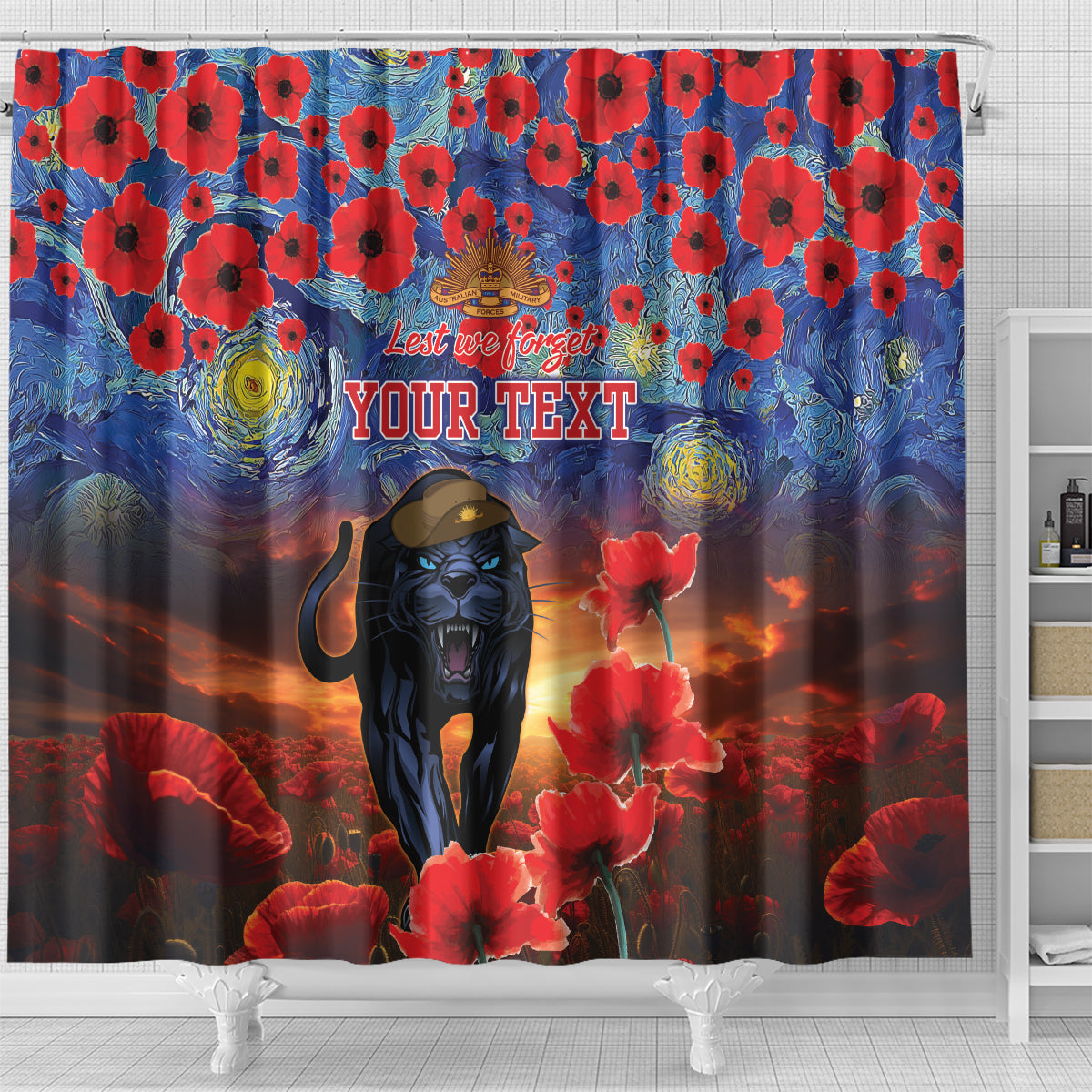 Personalised Panthers Rugby ANZAC Shower Curtain Starry Night and Field of Poppies