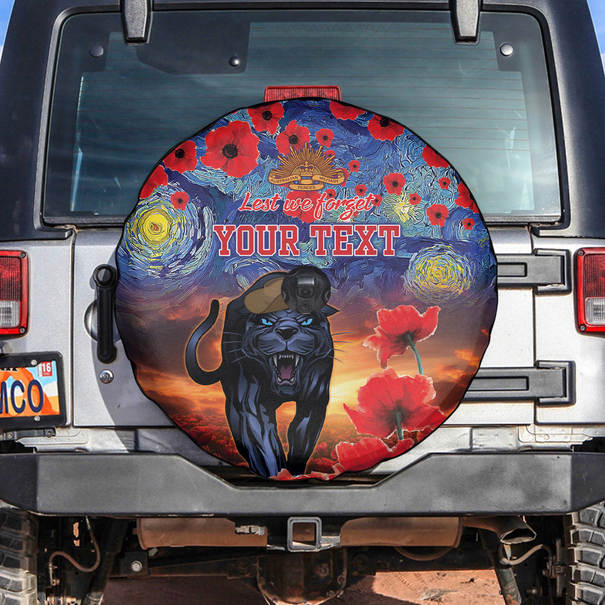 Personalised Panthers Rugby ANZAC Spare Tire Cover Starry Night and Field of Poppies