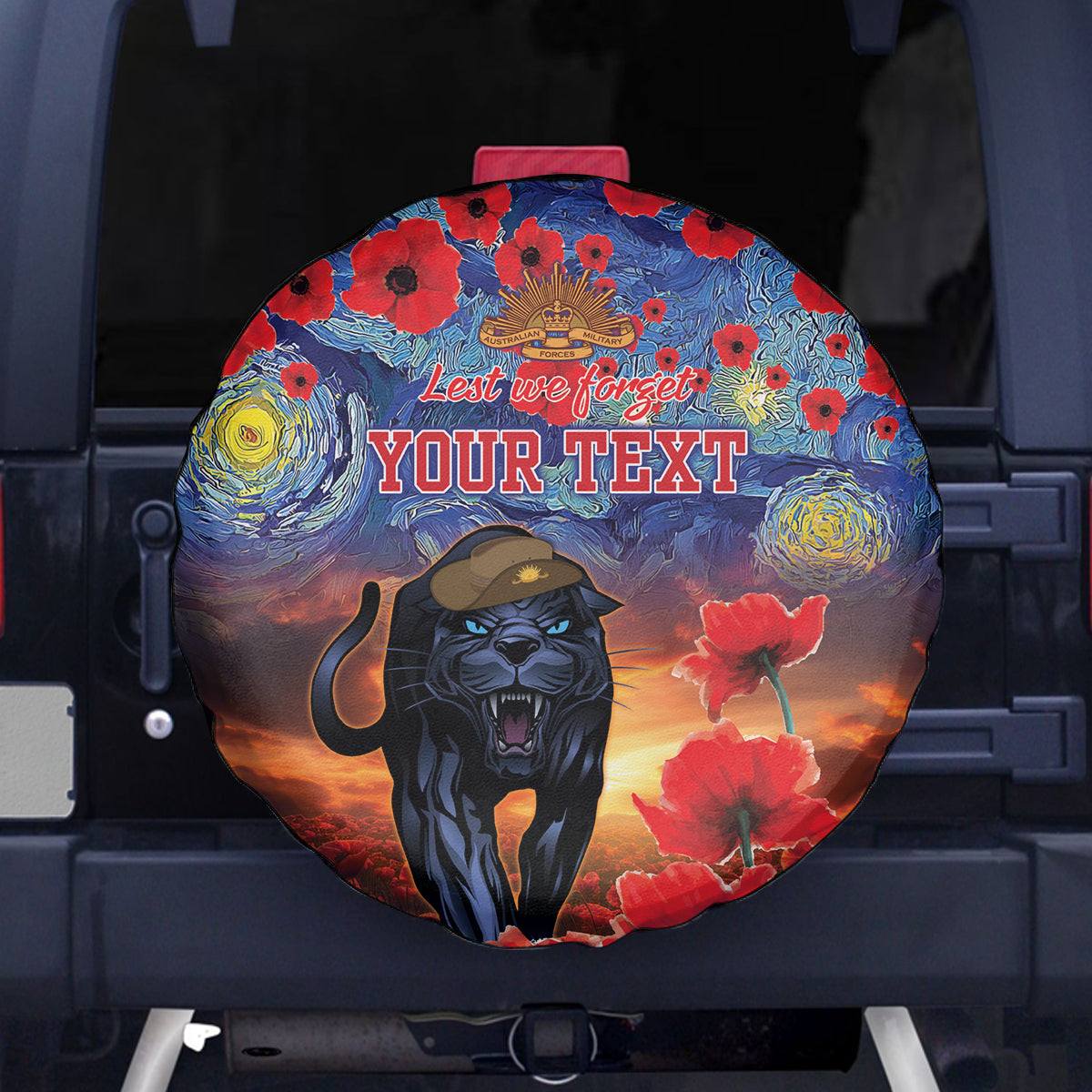 Personalised Panthers Rugby ANZAC Spare Tire Cover Starry Night and Field of Poppies