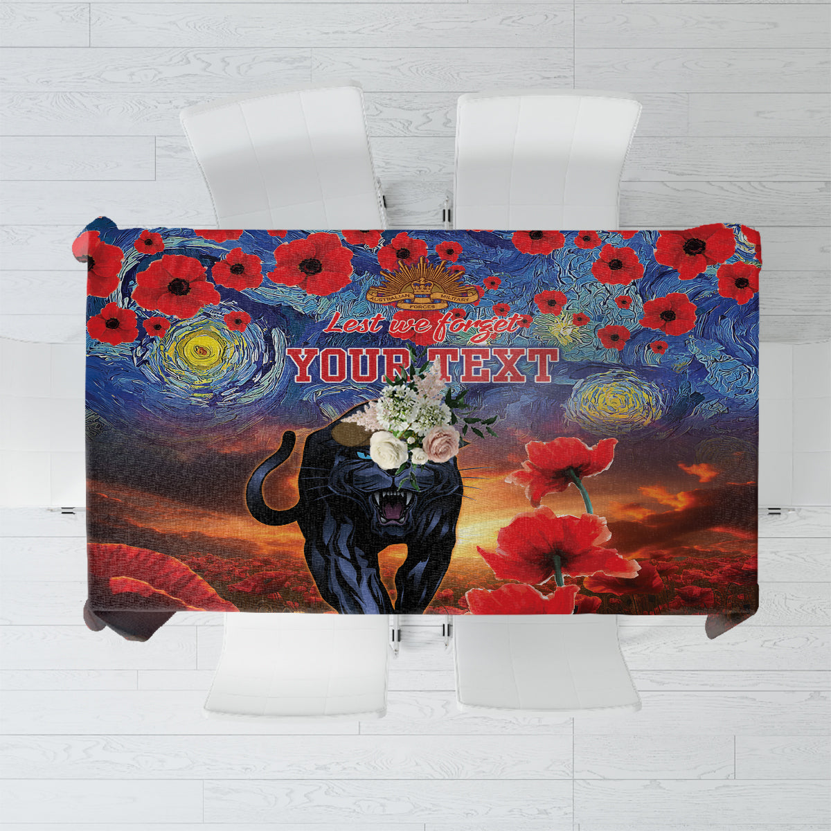 Personalised Panthers Rugby ANZAC Tablecloth Starry Night and Field of Poppies