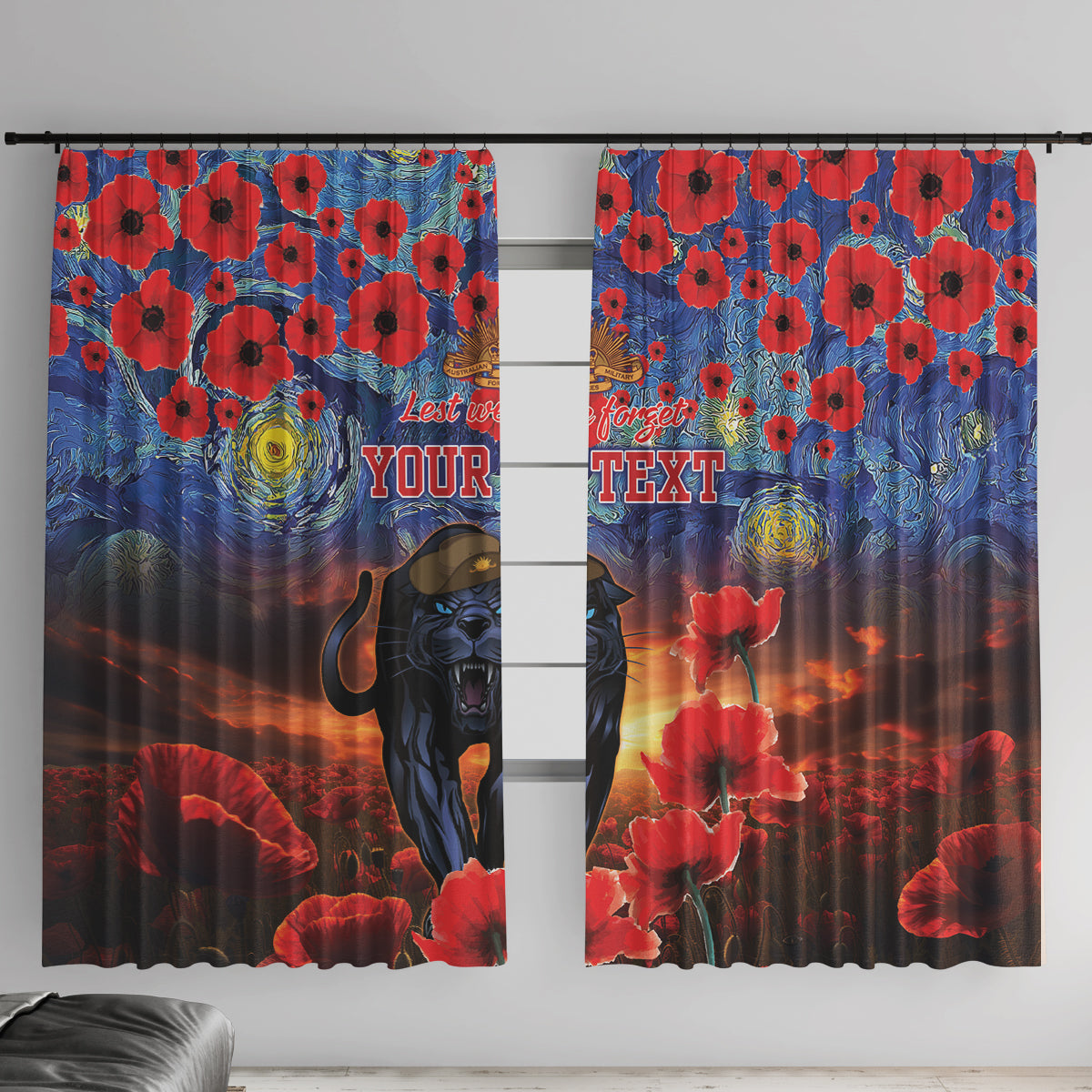 Personalised Panthers Rugby ANZAC Window Curtain Starry Night and Field of Poppies