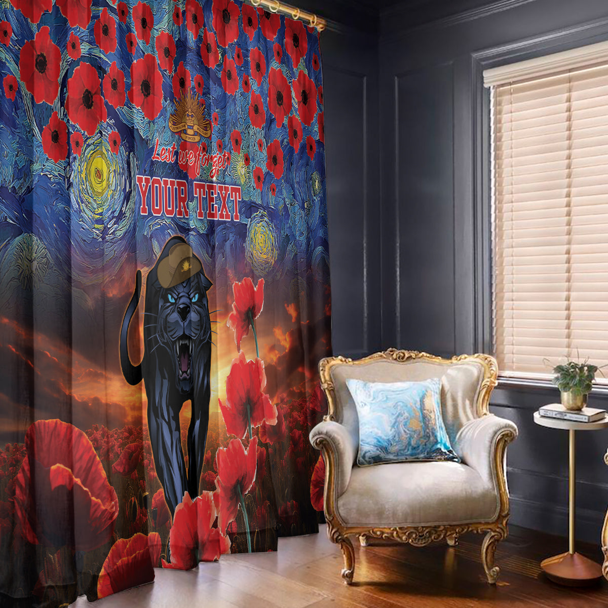 Personalised Panthers Rugby ANZAC Window Curtain Starry Night and Field of Poppies