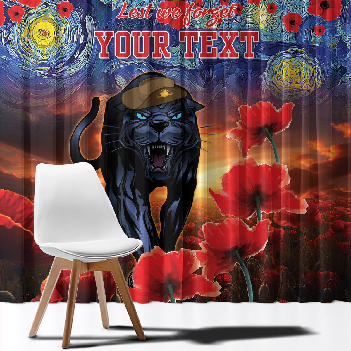 Personalised Panthers Rugby ANZAC Window Curtain Starry Night and Field of Poppies