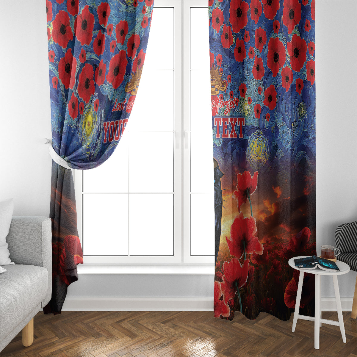 Personalised Panthers Rugby ANZAC Window Curtain Starry Night and Field of Poppies