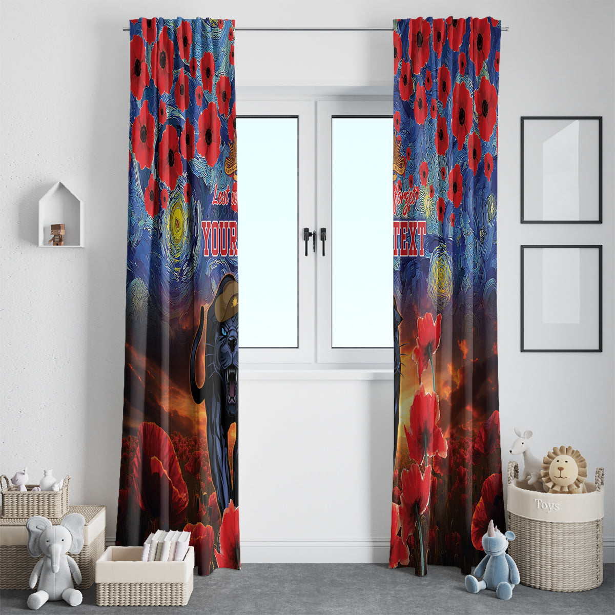 Personalised Panthers Rugby ANZAC Window Curtain Starry Night and Field of Poppies