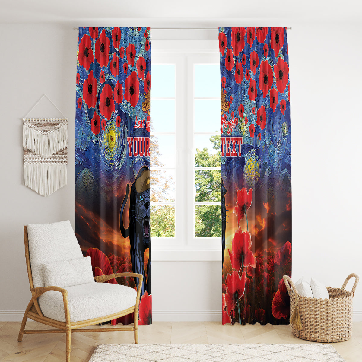 Personalised Panthers Rugby ANZAC Window Curtain Starry Night and Field of Poppies