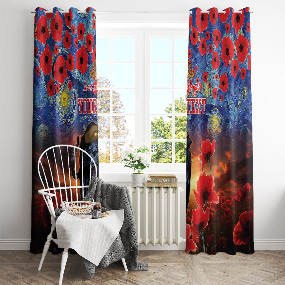 Personalised Panthers Rugby ANZAC Window Curtain Starry Night and Field of Poppies