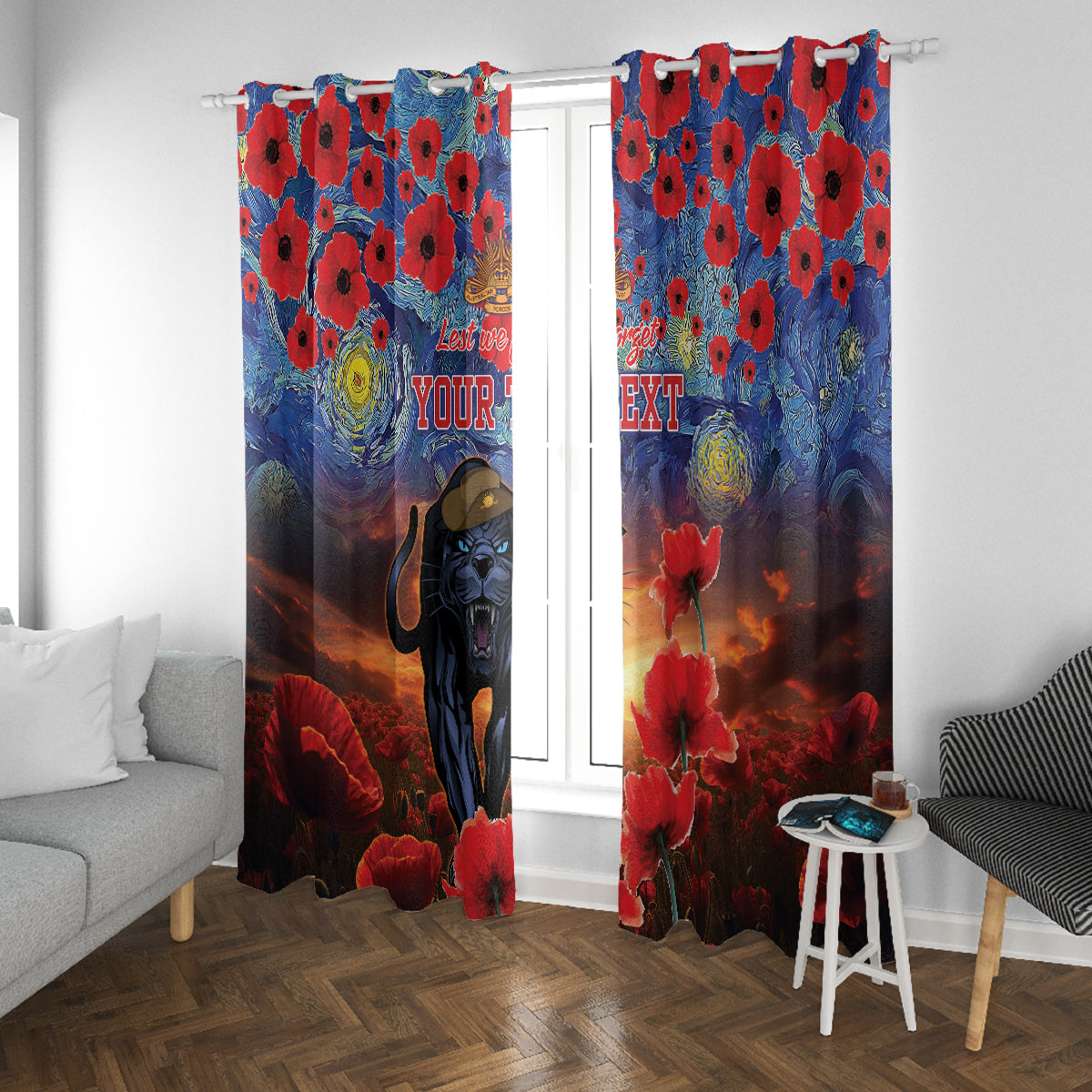 Personalised Panthers Rugby ANZAC Window Curtain Starry Night and Field of Poppies