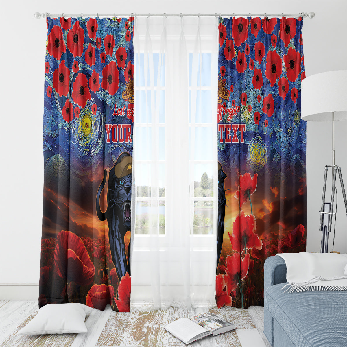 Personalised Panthers Rugby ANZAC Window Curtain Starry Night and Field of Poppies