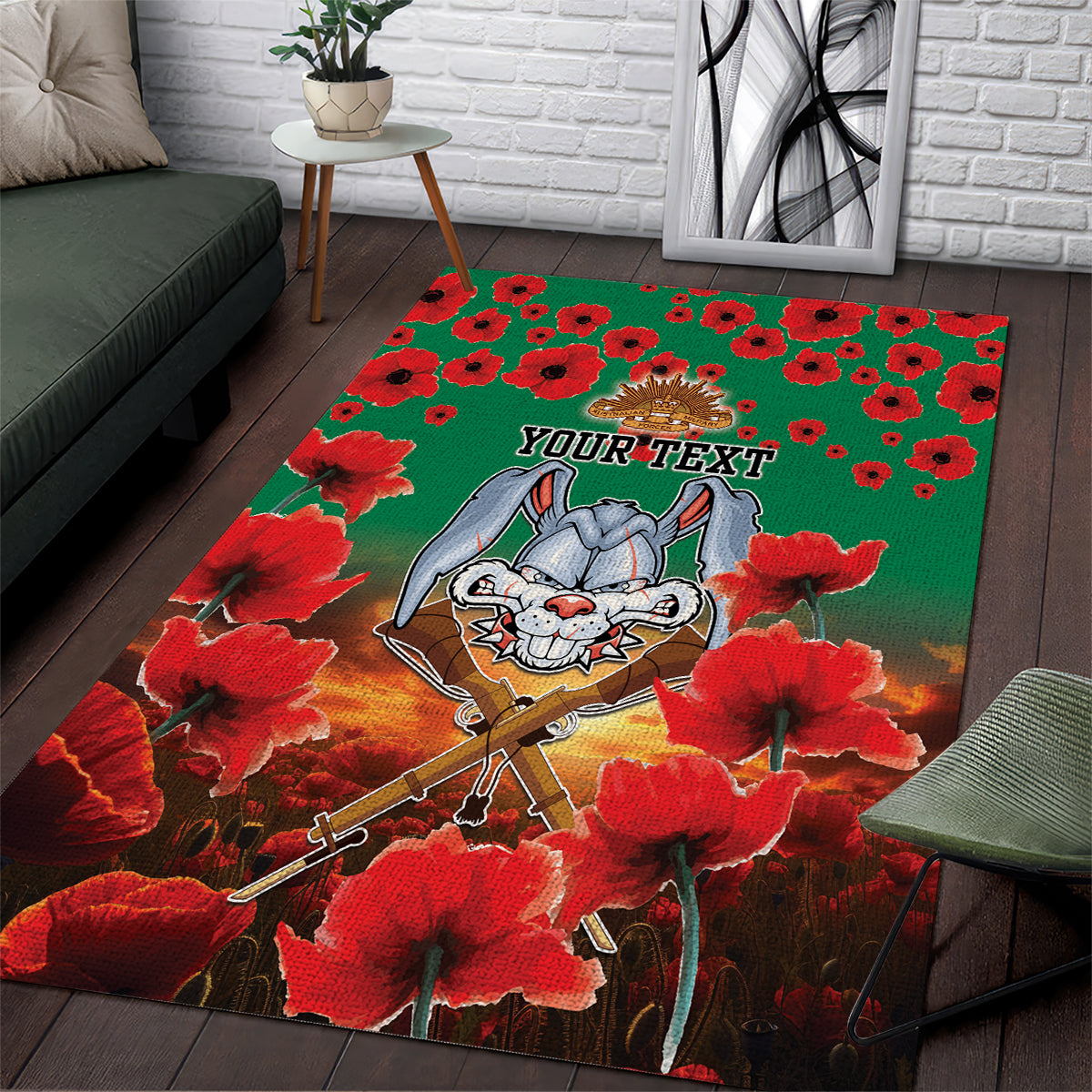 Personalised Rabbitohs Rugby ANZAC Area Rug Starry Night and Field of Poppies