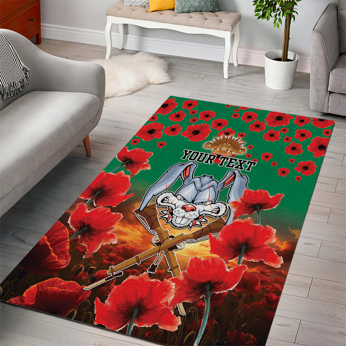 Personalised Rabbitohs Rugby ANZAC Area Rug Starry Night and Field of Poppies