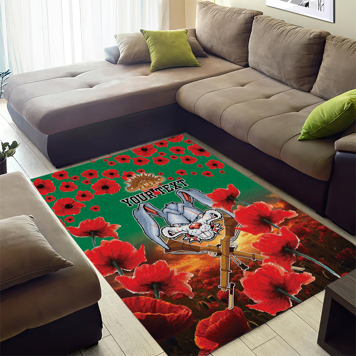 Personalised Rabbitohs Rugby ANZAC Area Rug Starry Night and Field of Poppies