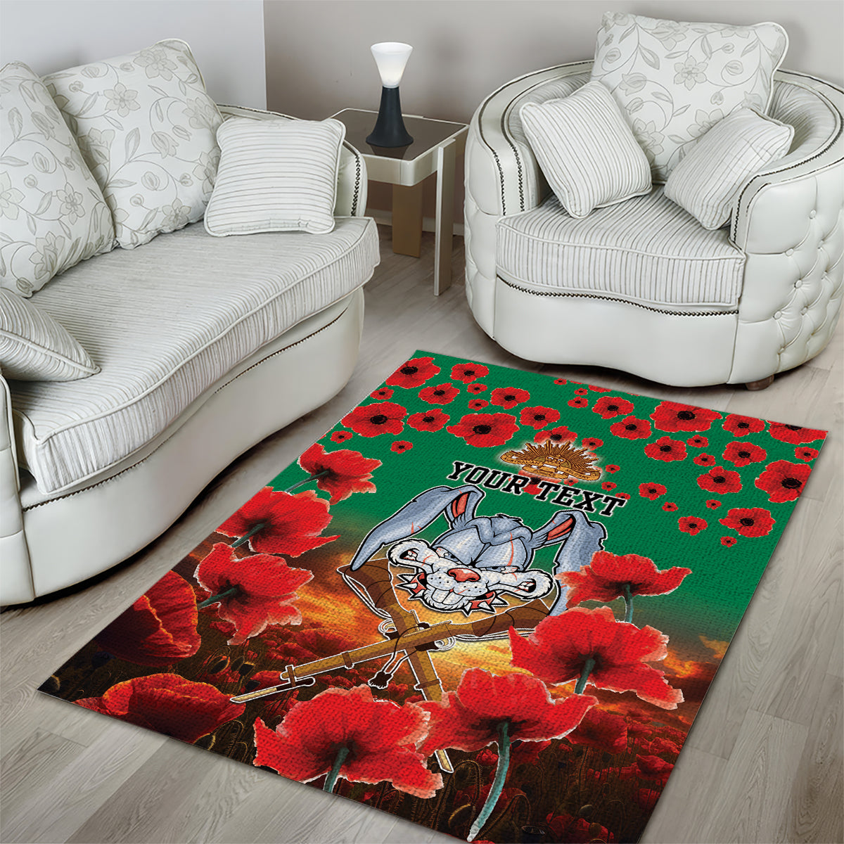 Personalised Rabbitohs Rugby ANZAC Area Rug Starry Night and Field of Poppies