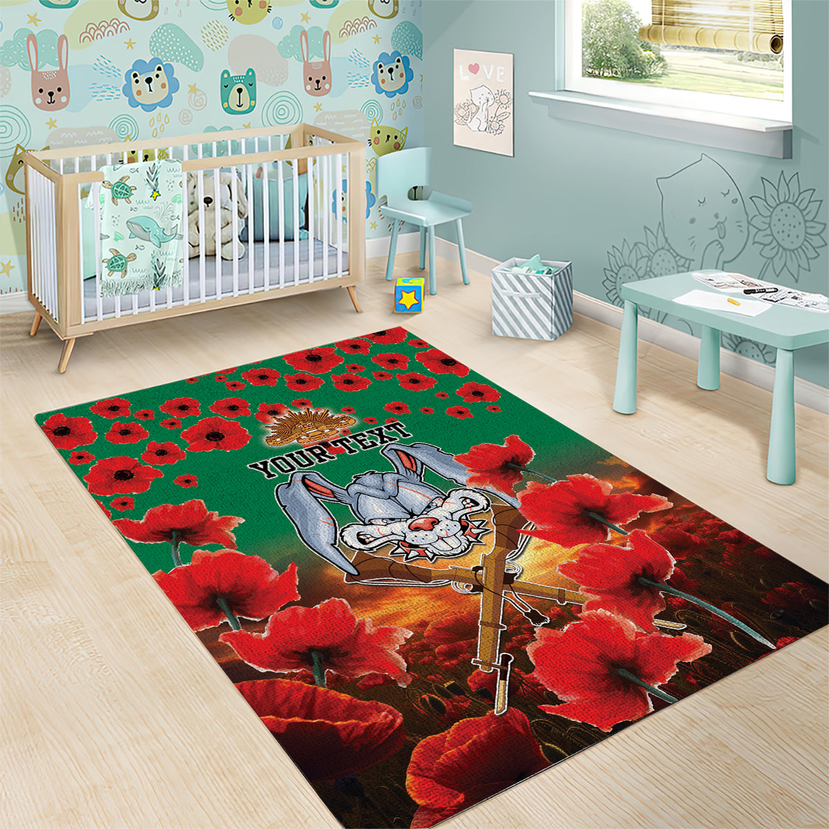 Personalised Rabbitohs Rugby ANZAC Area Rug Starry Night and Field of Poppies