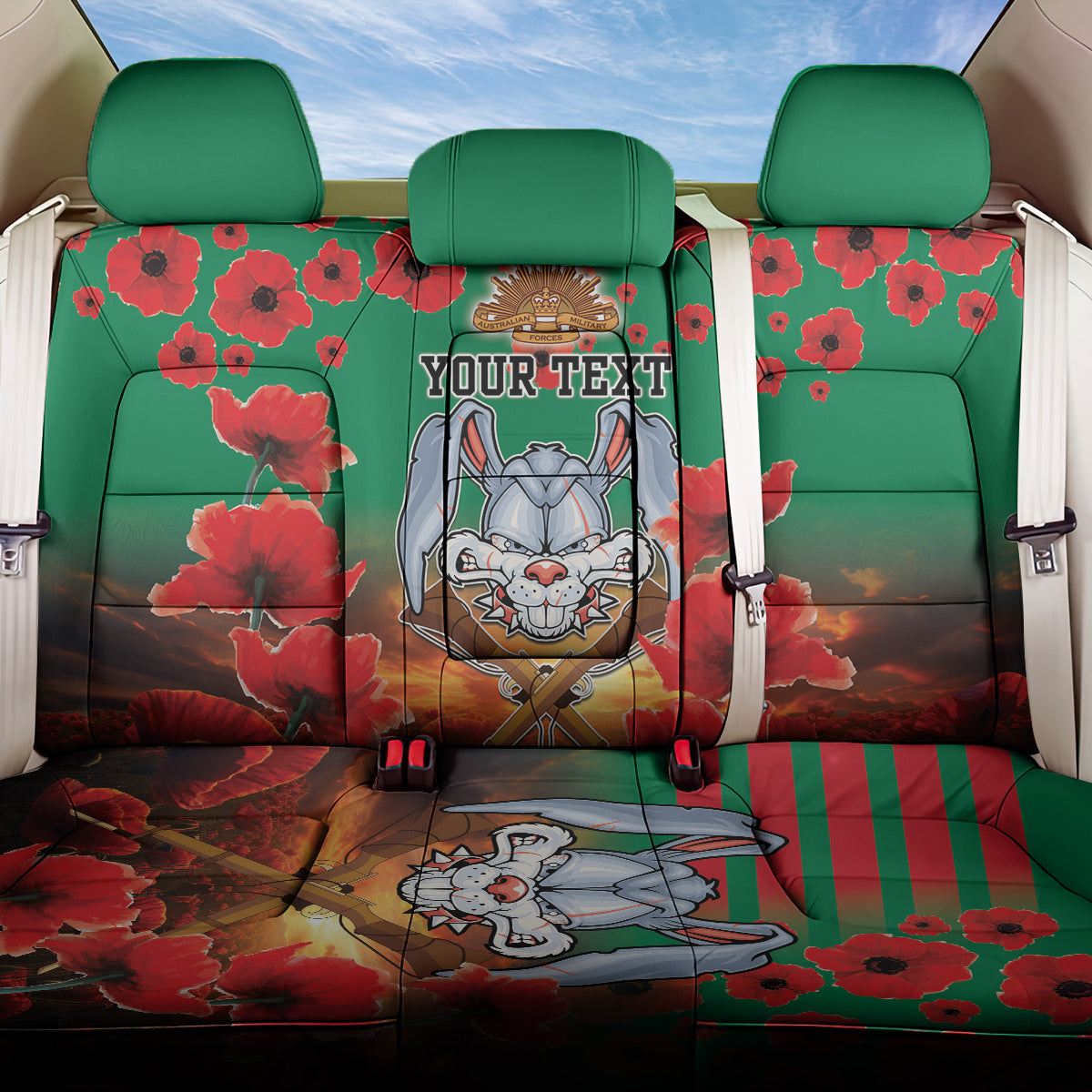 Personalised Rabbitohs Rugby ANZAC Back Car Seat Cover Starry Night and Field of Poppies