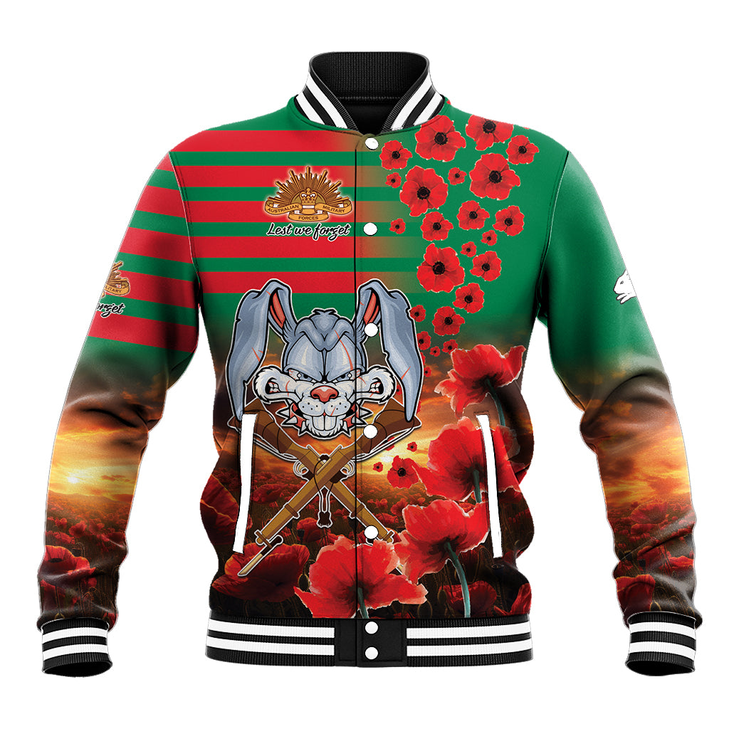 Personalised Rabbitohs Rugby ANZAC Baseball Jacket Starry Night and Field of Poppies