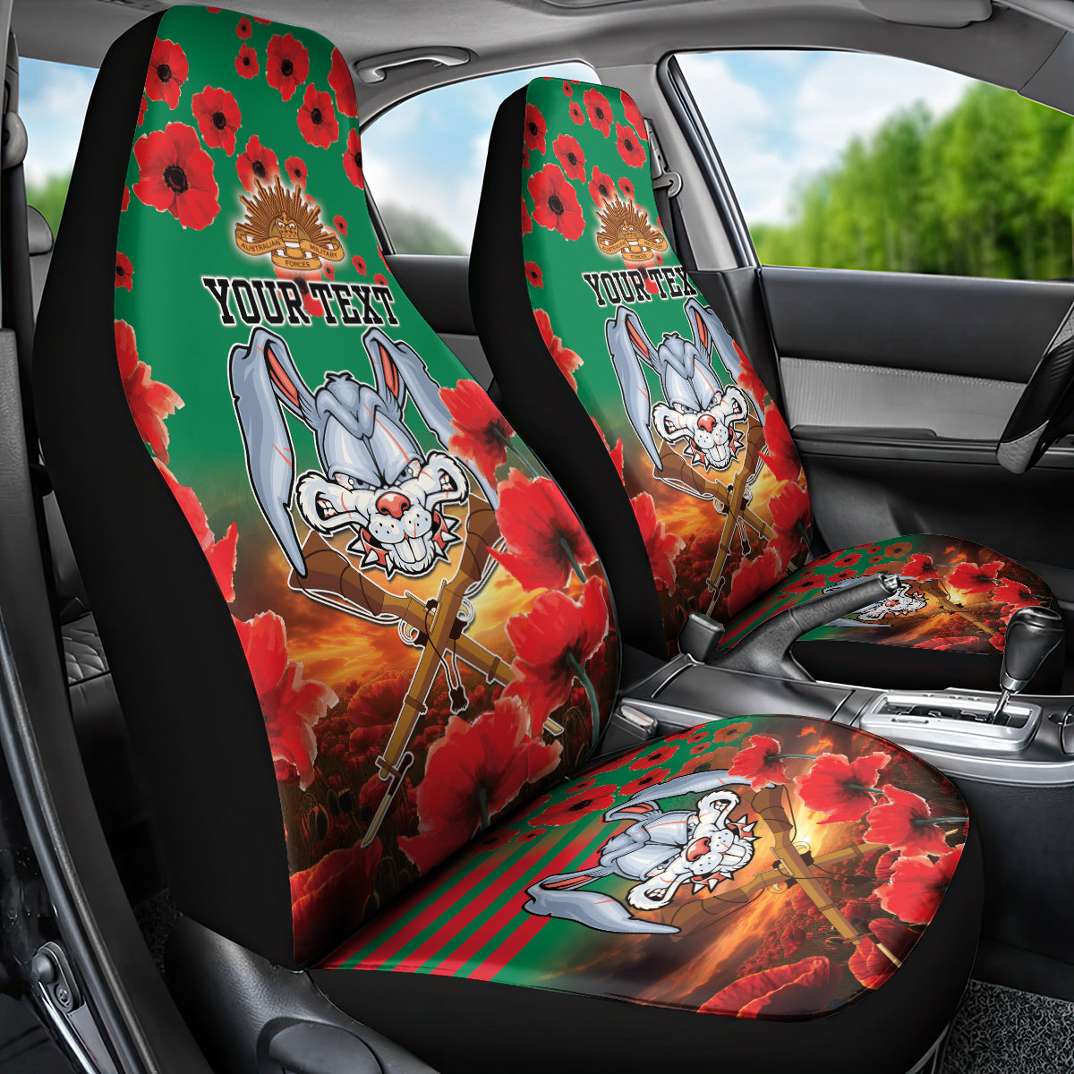 Personalised Rabbitohs Rugby ANZAC Car Seat Cover Starry Night and Field of Poppies