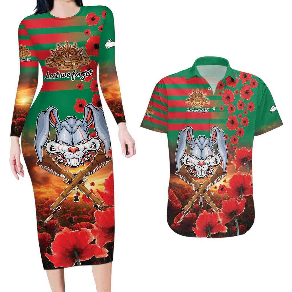 Personalised Rabbitohs Rugby ANZAC Couples Matching Long Sleeve Bodycon Dress and Hawaiian Shirt Starry Night and Field of Poppies