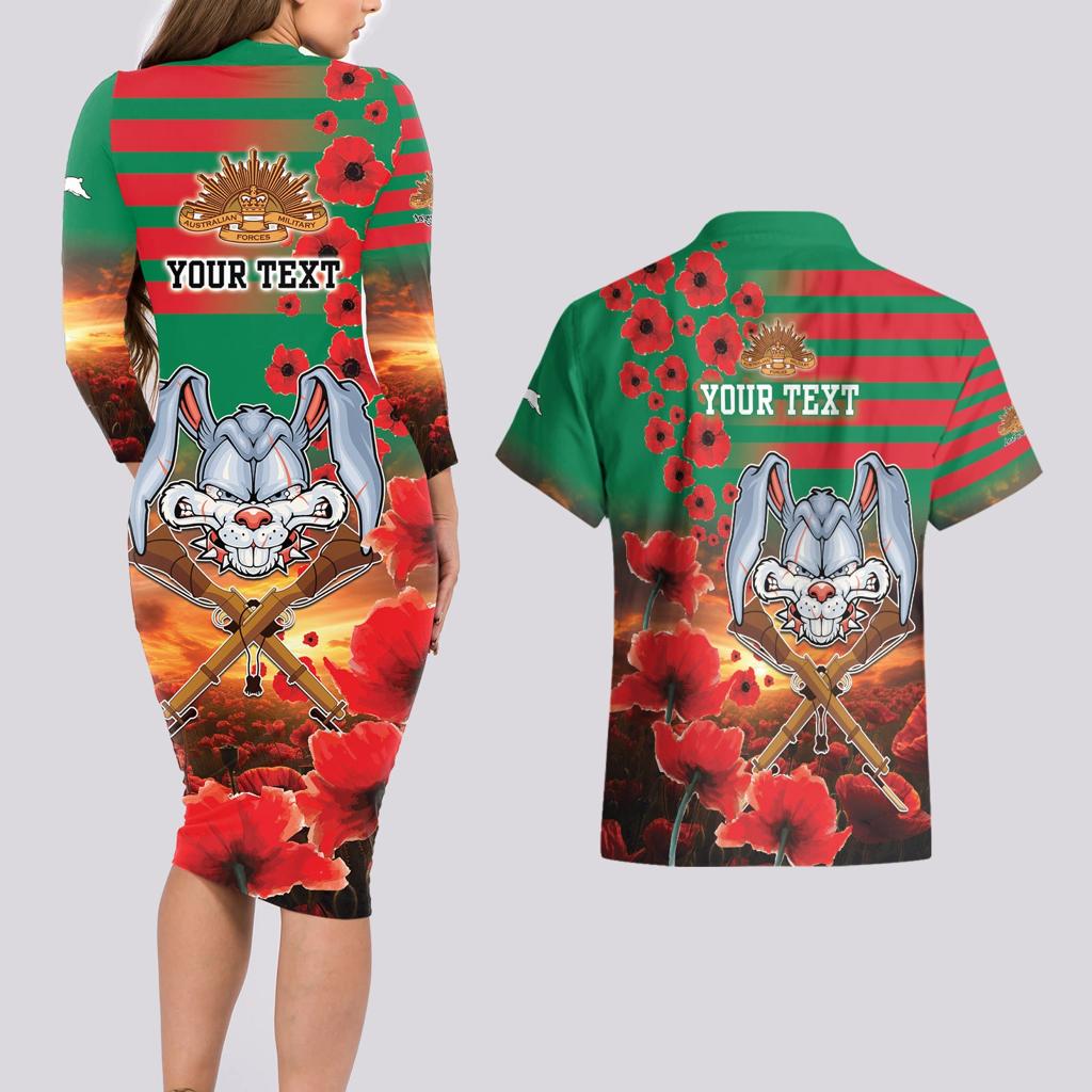 Personalised Rabbitohs Rugby ANZAC Couples Matching Long Sleeve Bodycon Dress and Hawaiian Shirt Starry Night and Field of Poppies