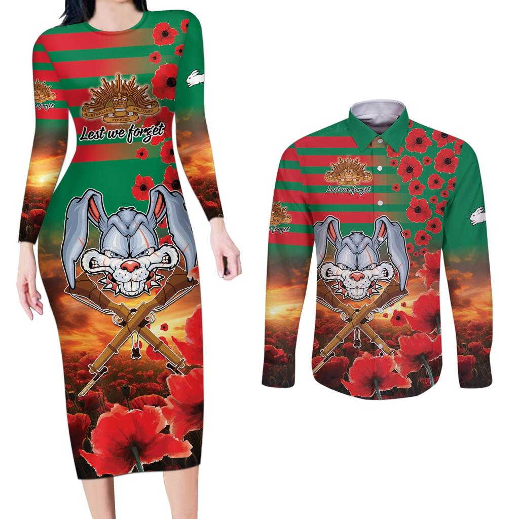 Personalised Rabbitohs Rugby ANZAC Couples Matching Long Sleeve Bodycon Dress and Long Sleeve Button Shirt Starry Night and Field of Poppies