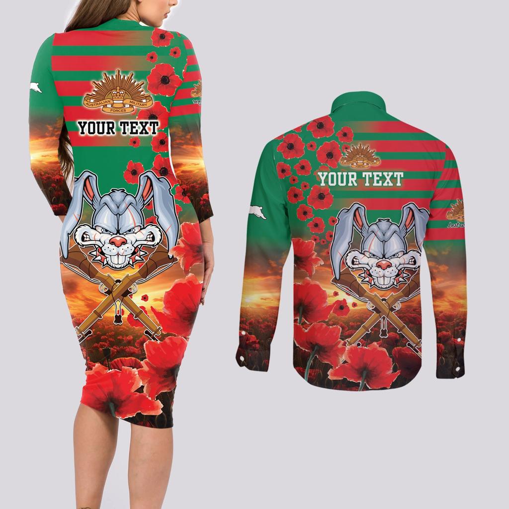 Personalised Rabbitohs Rugby ANZAC Couples Matching Long Sleeve Bodycon Dress and Long Sleeve Button Shirt Starry Night and Field of Poppies