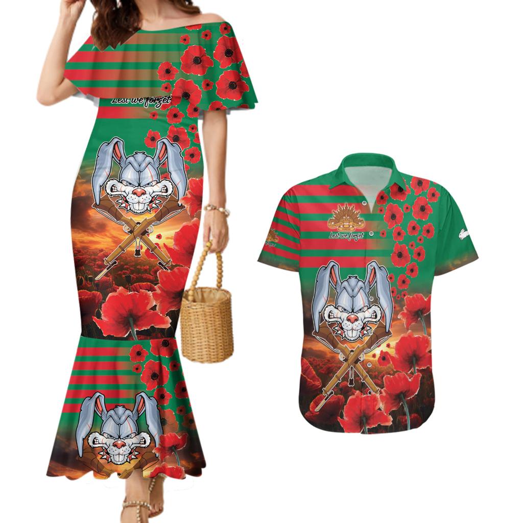 Personalised Rabbitohs Rugby ANZAC Couples Matching Mermaid Dress and Hawaiian Shirt Starry Night and Field of Poppies