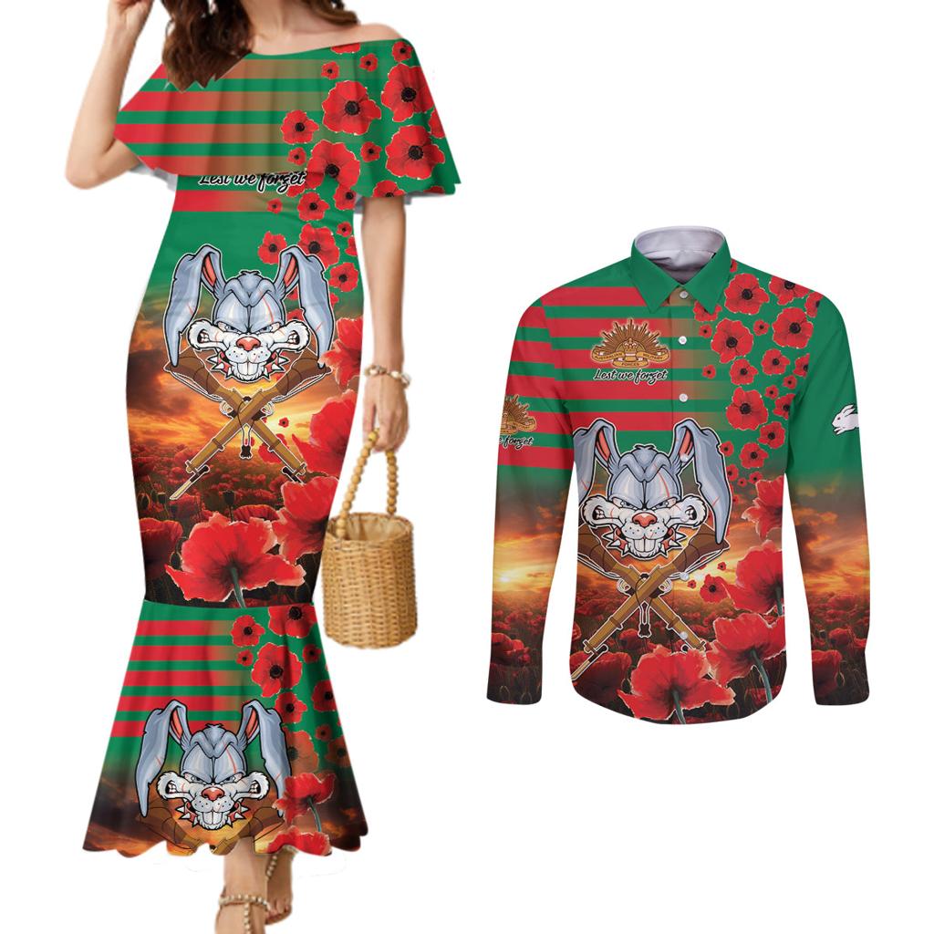 Personalised Rabbitohs Rugby ANZAC Couples Matching Mermaid Dress and Long Sleeve Button Shirt Starry Night and Field of Poppies