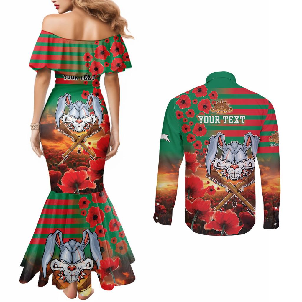 Personalised Rabbitohs Rugby ANZAC Couples Matching Mermaid Dress and Long Sleeve Button Shirt Starry Night and Field of Poppies