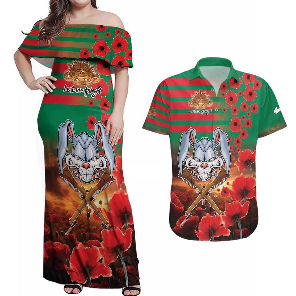 Personalised Rabbitohs Rugby ANZAC Couples Matching Off Shoulder Maxi Dress and Hawaiian Shirt Starry Night and Field of Poppies