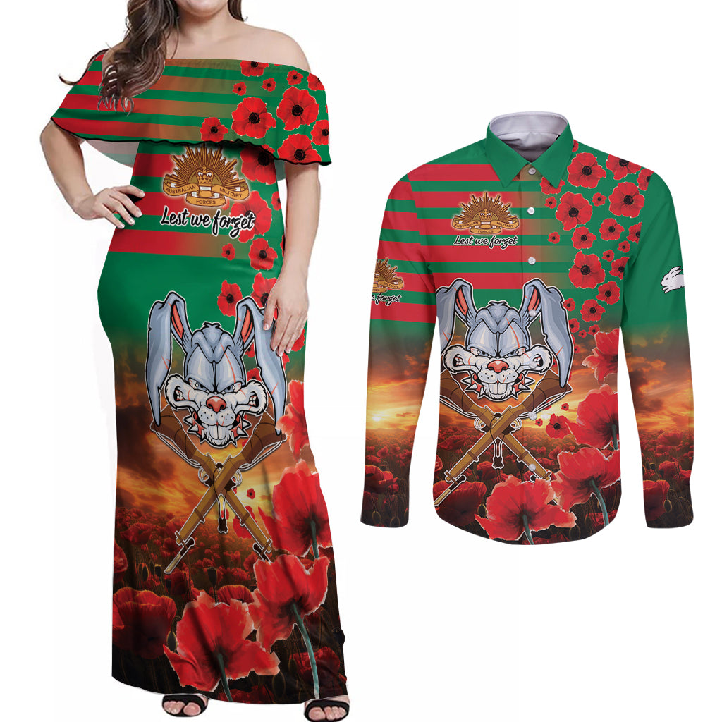 Personalised Rabbitohs Rugby ANZAC Couples Matching Off Shoulder Maxi Dress and Long Sleeve Button Shirt Starry Night and Field of Poppies