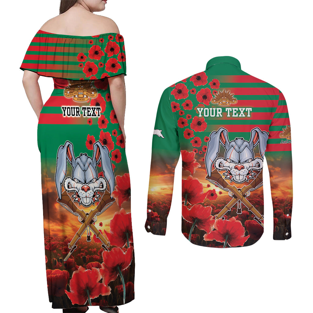 Personalised Rabbitohs Rugby ANZAC Couples Matching Off Shoulder Maxi Dress and Long Sleeve Button Shirt Starry Night and Field of Poppies